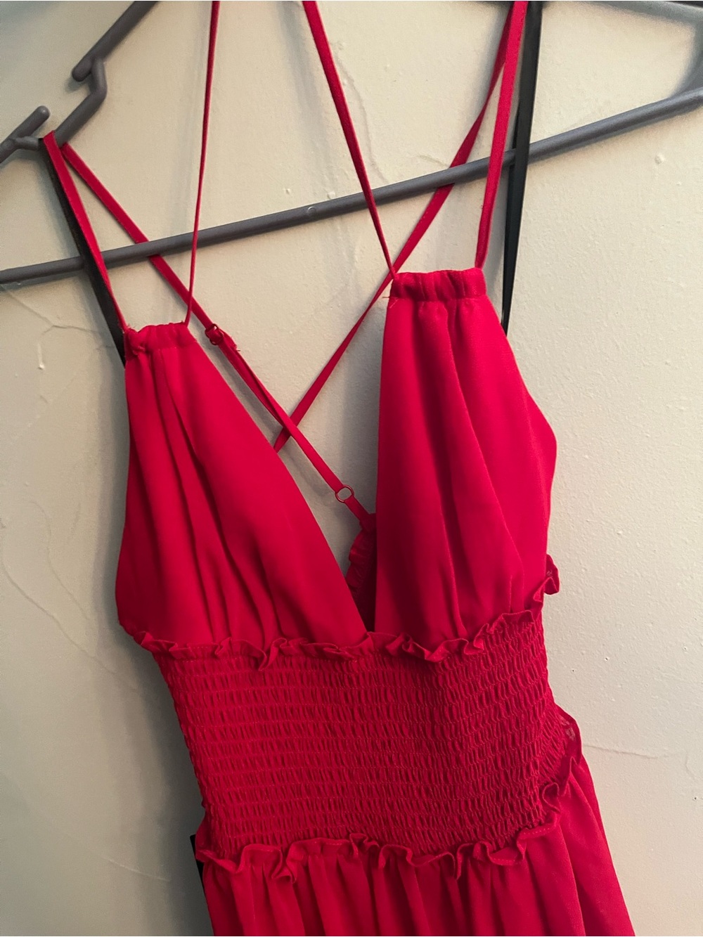 Bebe Bright Red Smocked-Waist Maxi Dress with Strappy Back